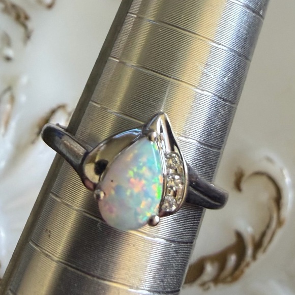 Jewelry - VTG white Opal ring, stamped and signed, size 7, 925 silver